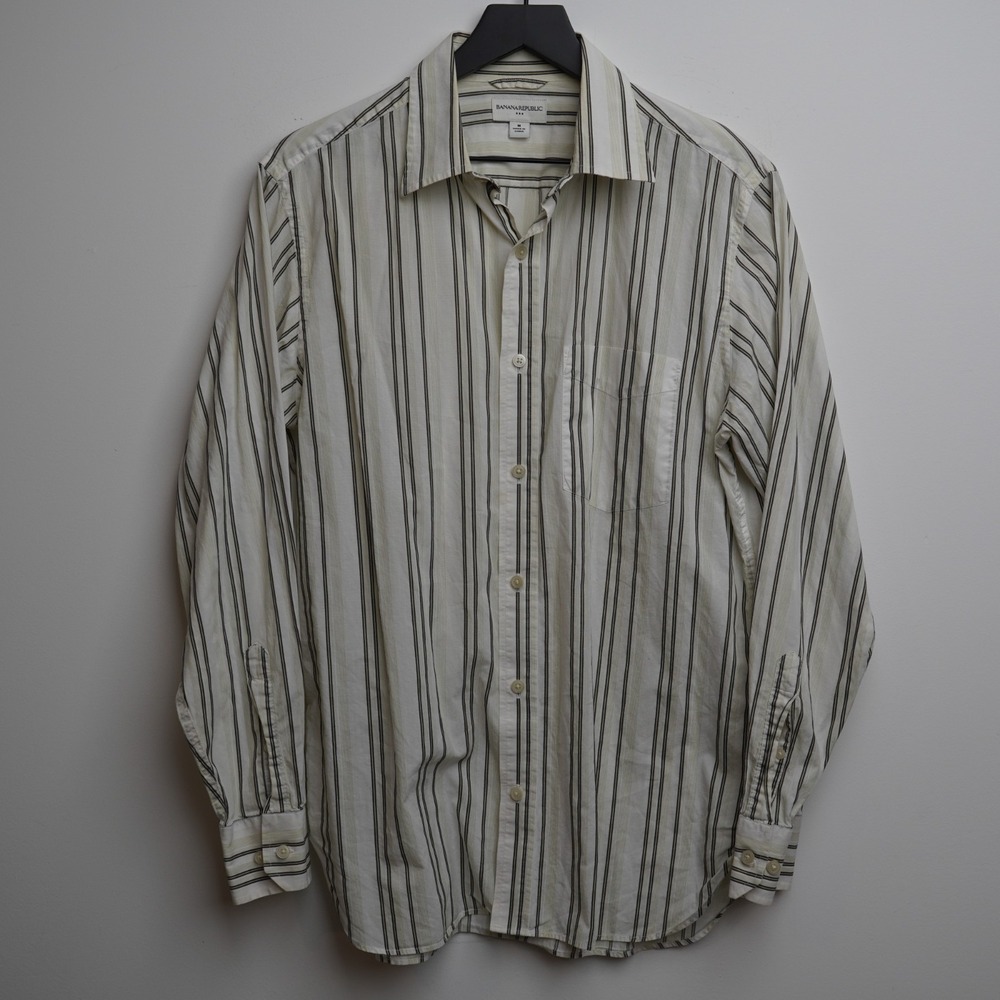 Banana Republic Button Down Shirt Striped Cream M Luxury Line Long Sleeve Men's